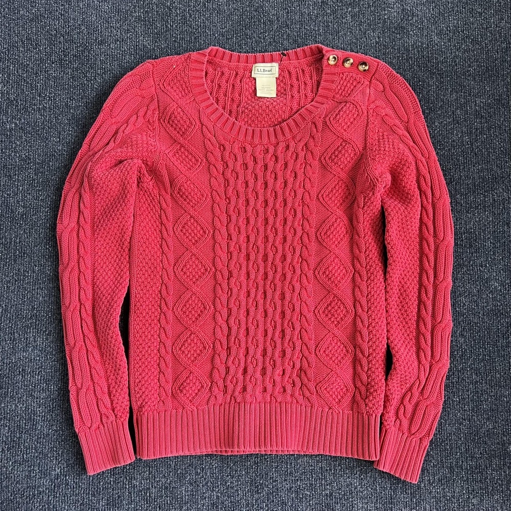 L.L. Bean Sweater Womens XS Pink Cable Knit Button Shoulder‎ Crewneck